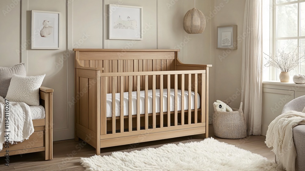 A modern wooden baby crib in light oak finish, surrounded by neutral-toned decor and a plush cream rug A modern wooden baby crib in light oak finish, surrounded by neutral-toned decor and a plush cream rug
