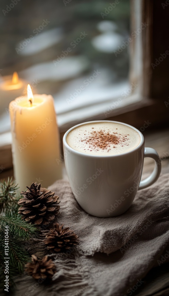 A cozy scene featuring a cup of creamy drink, a candle, and pinecones by a window. A cozy scene featuring a cup of creamy drink, a candle, and pinecones by a window.
