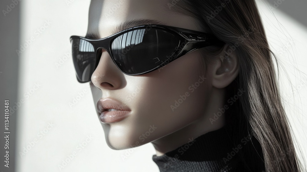 Monochrome portrait of a stylish woman wearing sleek sunglasses Monochrome portrait of a stylish woman wearing sleek sunglasses