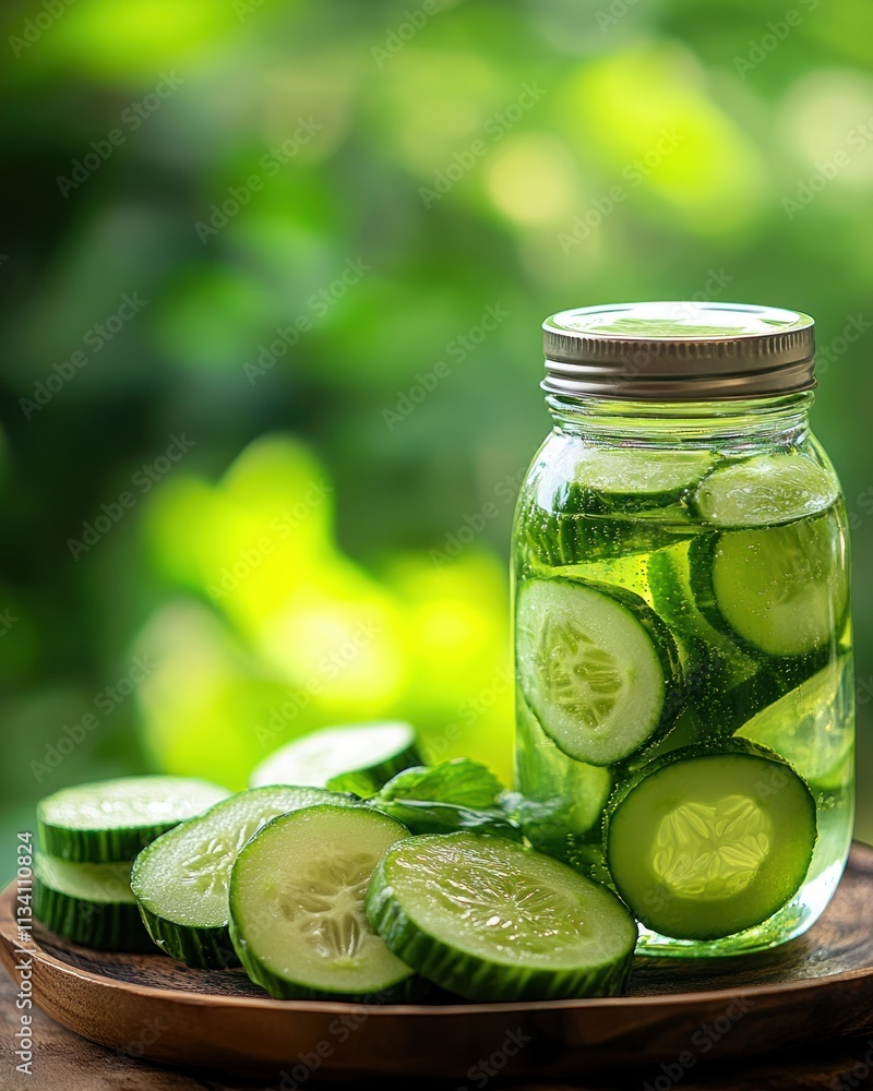A jar of cucumber-infused water with fresh cucumber slices on a wooden plate. A jar of cucumber-infused water with fresh cucumber slices on a wooden plate.