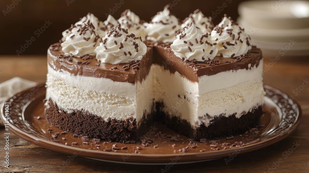 Close-up of a delicious cake with layers of cream and chocolate topping Close-up of a delicious cake with layers of cream and chocolate topping
