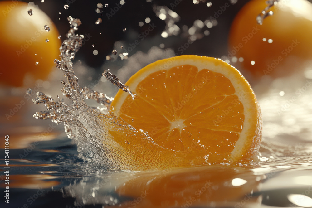 Refreshing slices of oranges with a background of freshwater and water splashes.. Refreshing slices of oranges with a background of freshwater and water splashes..