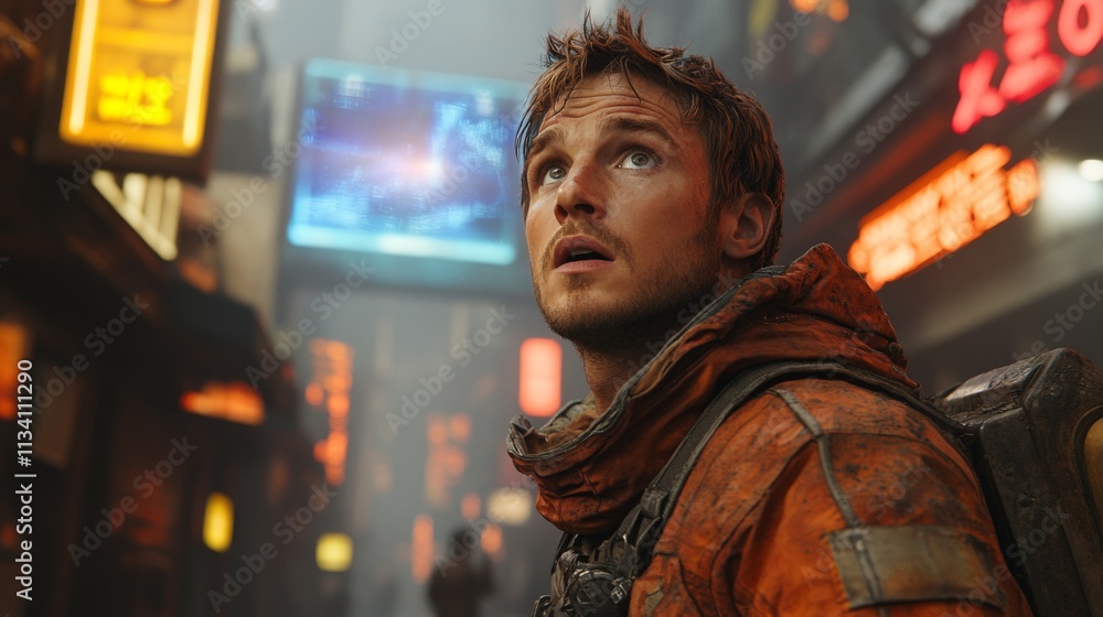 Man in a futuristic outfit standing in a neon-lit cyberpunk city Man in a futuristic outfit standing in a neon-lit cyberpunk city