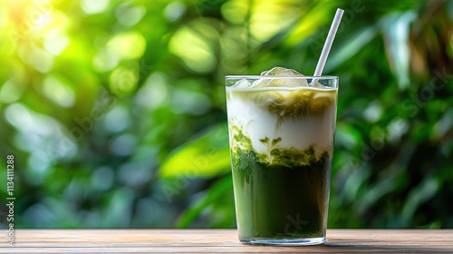 A refreshing layered drink featuring green tea and milk in a natural setting.