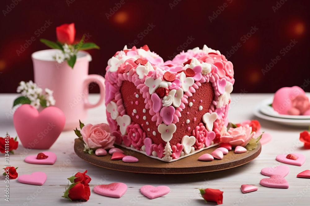 Valentine's Day Cake with Heart Decorations and Cookies Valentine's Day Cake with Heart Decorations and Cookies