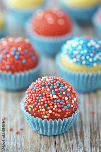 Colorful cupcakes with sprinkles in blue wrappers on a rustic wooden surface.