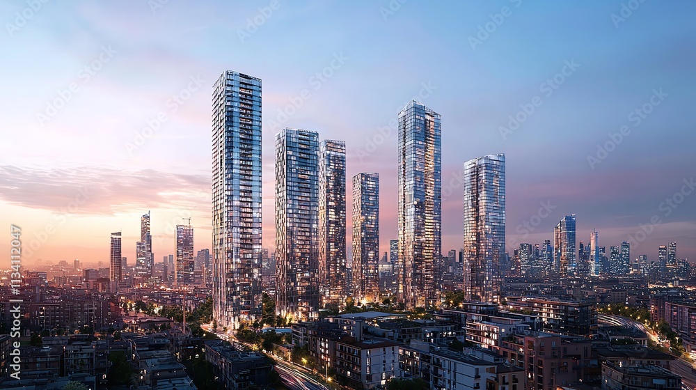 Naklejka premium Milan Cityscape at Sunset - Panoramic View with New Developments