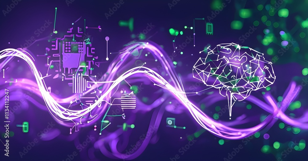 swirling light lines forming abstract shapes of AI symbols like brains, chips, and interconnected nodes swirling light lines forming abstract shapes of AI symbols like brains, chips, and interconnected nodes