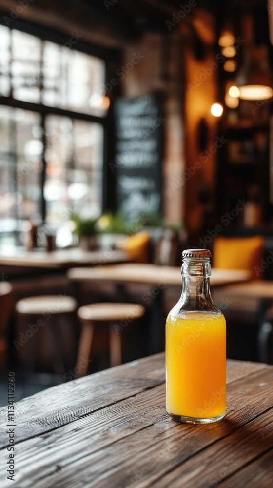 A glass bottle of orange juice sits on a wooden table in a cozy caf? setting. A glass bottle of orange juice sits on a wooden table in a cozy caf? setting.