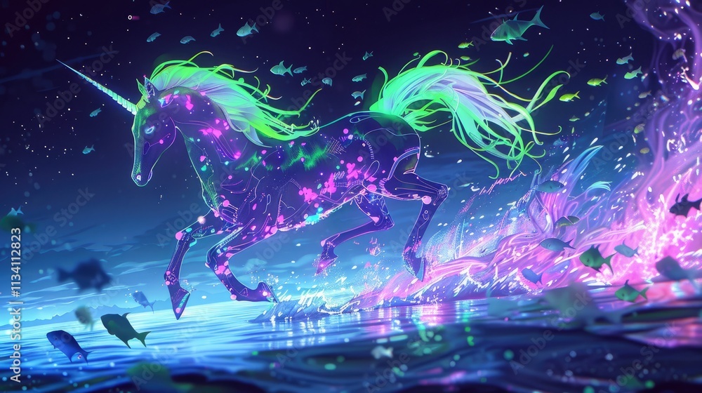 Fototapeta premium Blacklight Anime Fusion, a cybernetic unicorn running on a glowing ocean filled with vibrant fish, iridescent scales, under blacklight effect