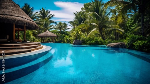 Stunning view of a sparkling blue swimming pool surrounded by a lush verdant landscape of towering palm trees