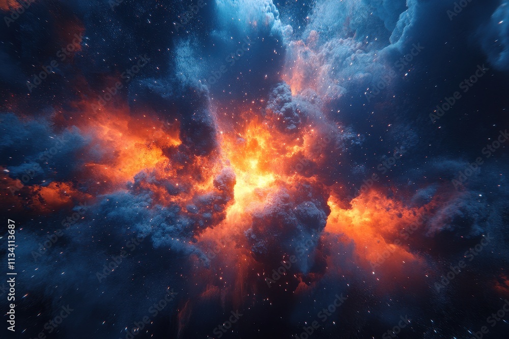 Fiery nebula with blue and orange clouds, cosmic dust. Ideal for science fiction, fantasy, or cosmic backgrounds. Fiery nebula with blue and orange clouds, cosmic dust. Ideal for science fiction, fantasy, or cosmic backgrounds.