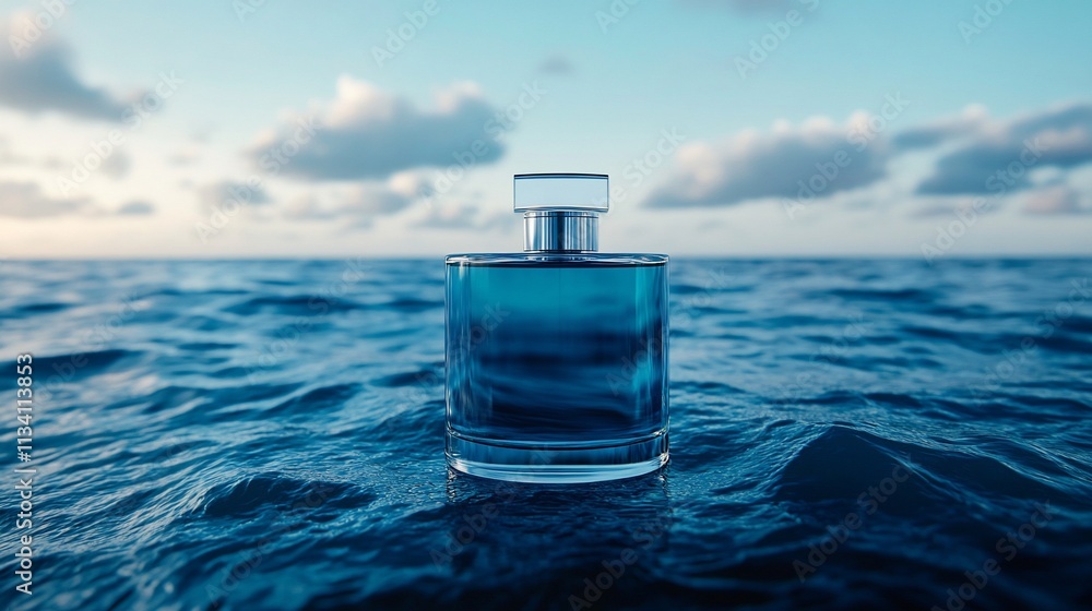 A glass perfume bottle sits on water, reflecting a serene sky. A glass perfume bottle sits on water, reflecting a serene sky.