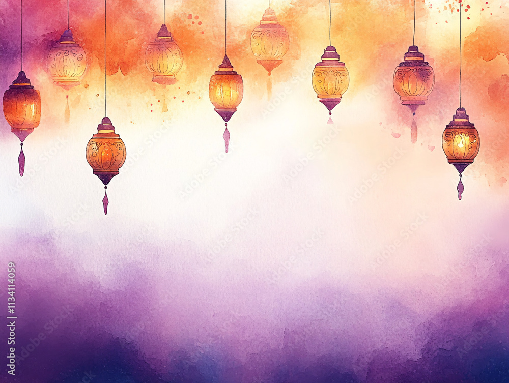 Obraz premium A whimsical watercolor illustration perfect for Diwali greeting cards, featuring hanging lanterns and pastel hues, creating a dreamy atmosphere for celebrations.