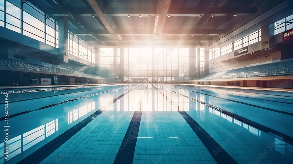 Overhead view of an Olympic size swimming pool with clear blue water and racing lanes designed for athletic competitions training and fitness activities Overhead view of an Olympic size swimming pool with clear blue water and racing lanes designed for athletic competitions training and fitness activities