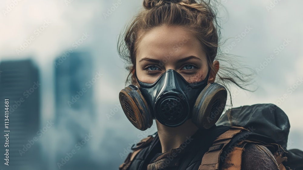 A determined woman wearing a gas mask in a moody urban landscape. She looks ready for any challenge ahead. A determined woman wearing a gas mask in a moody urban landscape. She looks ready for any challenge ahead.