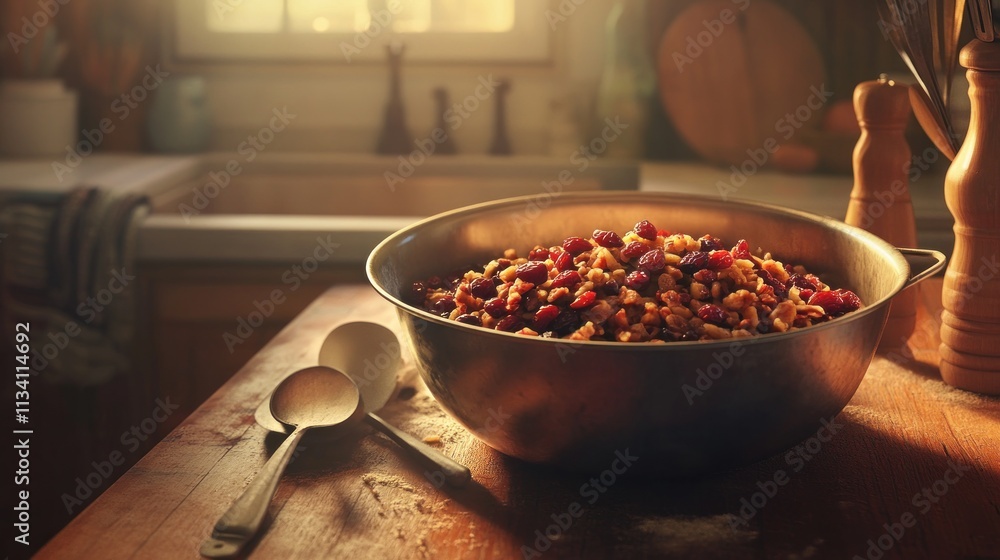 Dried fruit and nuts mix in a large bowl on a rustic wooden table in a sunlit kitchen. Dried fruit and nuts mix in a large bowl on a rustic wooden table in a sunlit kitchen.