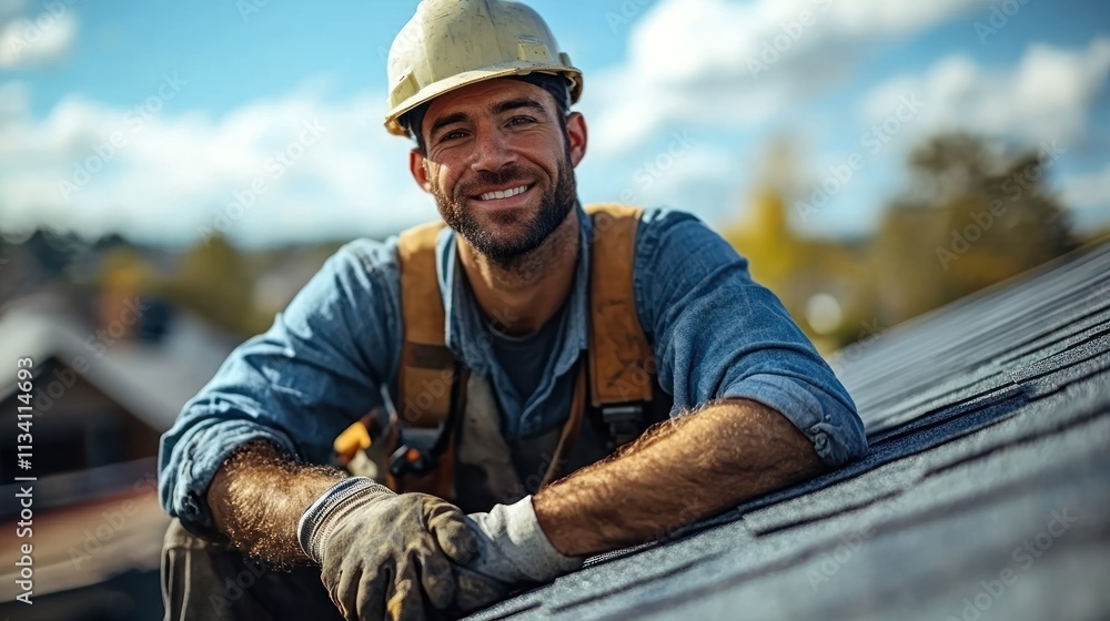 Smiling construction worker on a roof Smiling construction worker on a roof