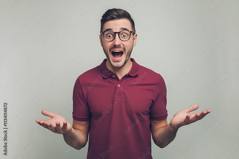Man in Vibrant Maroon-Red Polo Shirt with Glasses, Expressing Astonishment with Open-Mouthed Expression and Outstretched Hands, Gesturing as if Showing Something Impressive Against Plain Light Gray Ba Man in Vibrant Maroon-Red Polo Shirt with Glasses, Expressing Astonishment with Open-Mouthed Expression and Outstretched Hands, Gesturing as if Showing Something Impressive Against Plain Light Gray Ba