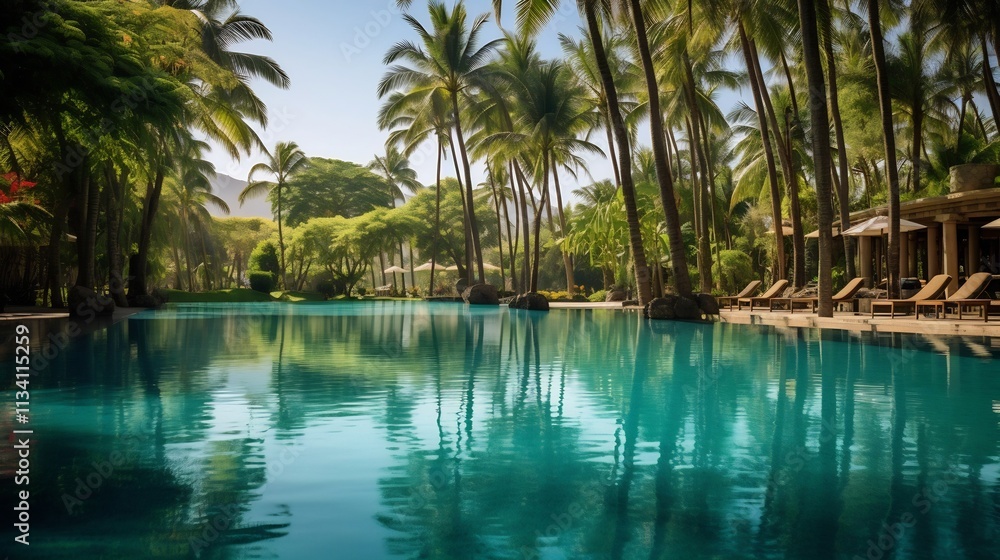 Stunning blue swimming pool nestled amidst a lush tropical oasis of swaying palm trees creating a serene and rejuvenating escape for relaxation and recreation Stunning blue swimming pool nestled amidst a lush tropical oasis of swaying palm trees creating a serene and rejuvenating escape for relaxation and recreation