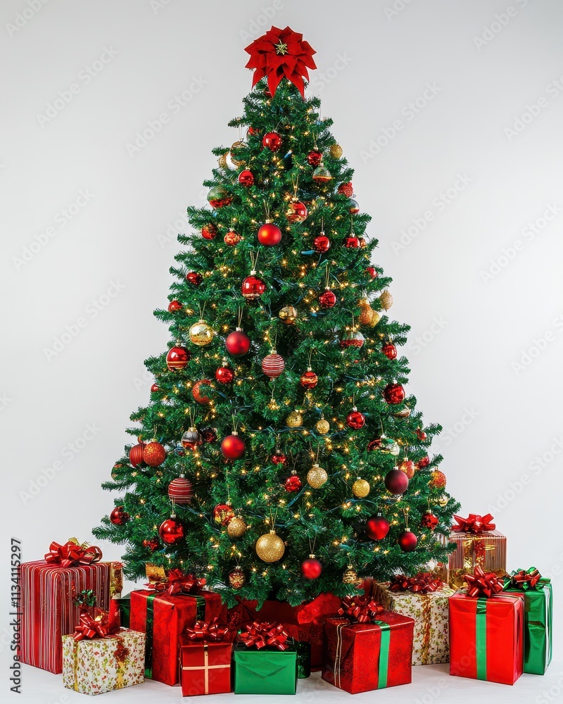 Magnificent Christmas Tree Decorated with Red and Gold Ornaments and Surrounded by Beautifully Wrapped Gifts Magnificent Christmas Tree Decorated with Red and Gold Ornaments and Surrounded by Beautifully Wrapped Gifts