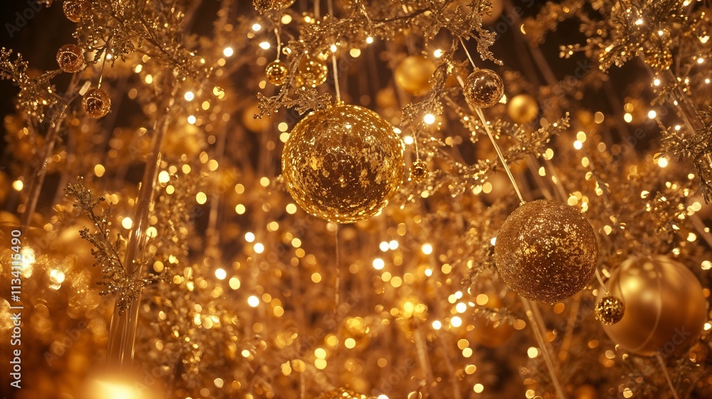 Golden Christmas Ornaments with Festive Lights and Sparkling Decorations Golden Christmas Ornaments with Festive Lights and Sparkling Decorations