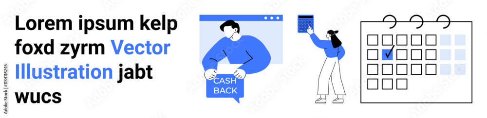 Man holding cash back sign, woman editing profile, blue highlights, calendar marked. Ideal for finance, banking, e-commerce, retail, appointment scheduling, personal finance, planning. Landing page Man holding cash back sign, woman editing profile, blue highlights, calendar marked. Ideal for finance, banking, e-commerce, retail, appointment scheduling, personal finance, planning. Landing page