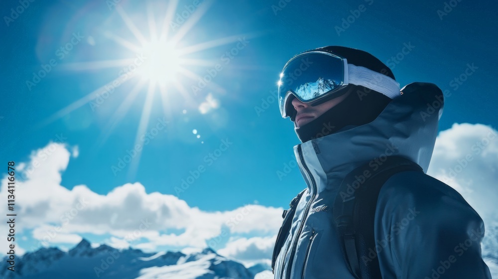 Skiing Adventure in Bright Sunshine with Snowy Mountains Skiing Adventure in Bright Sunshine with Snowy Mountains