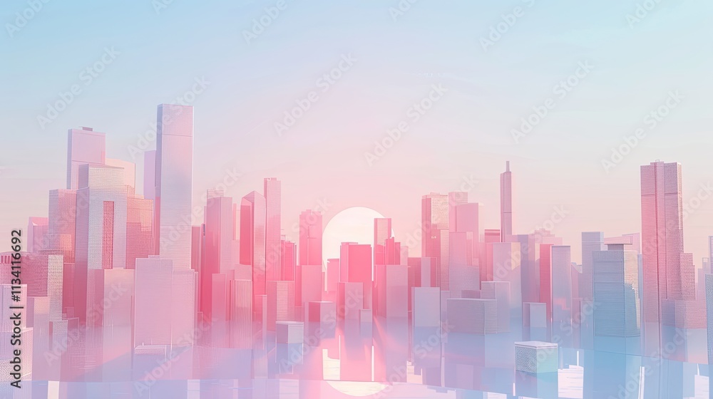 Minimalist cityscape with modern skyscrapers bathed in warm morning light and an open sky. Minimalist cityscape with modern skyscrapers bathed in warm morning light and an open sky.