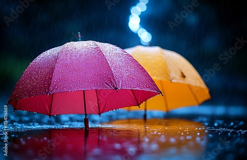 Rain drenched umbrellas reflect in a dark puddle at night photo