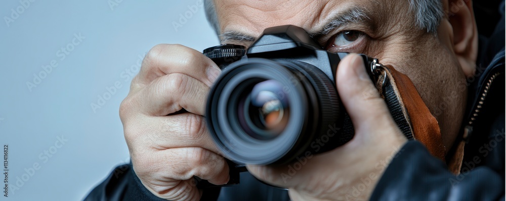 A man holding a camera, aiming to capture a photograph. A man holding a camera, aiming to capture a photograph.