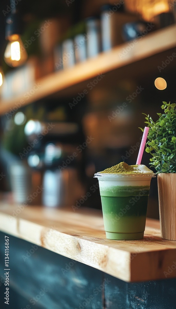 A refreshing green drink sits on a wooden counter, surrounded by plants and warm lighting. A refreshing green drink sits on a wooden counter, surrounded by plants and warm lighting.