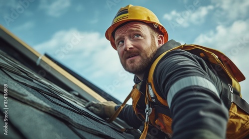 A dedicated worker focuses on his task while installing roofing. Safety gear is vital in this high position. This image captures hard work and determination. Generative AI.