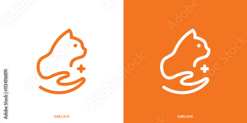 Simple Cat Care Logo. Animal Cat and Hand Icon Graphic. Pet Care Logo Design Template.