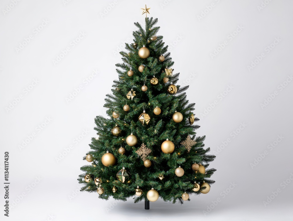 A Majestic Christmas Tree Adorned with Elegant Gold Ornaments Against a Simple White Background A Majestic Christmas Tree Adorned with Elegant Gold Ornaments Against a Simple White Background