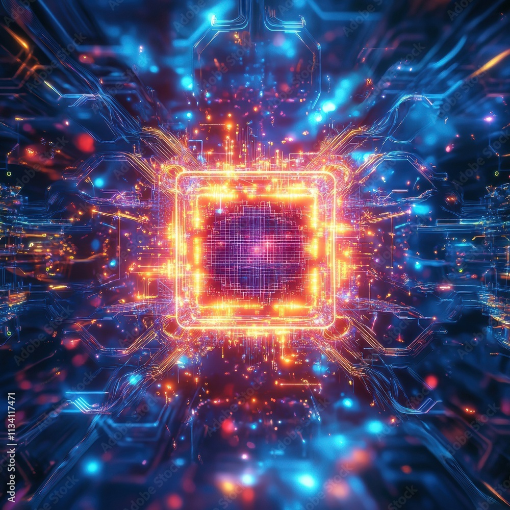 Obraz premium Abstract Futuristic Technology Background with Bright Orange and Blue Light Effects Representing Digital Connections and Data Flow in a High-Tech Environment