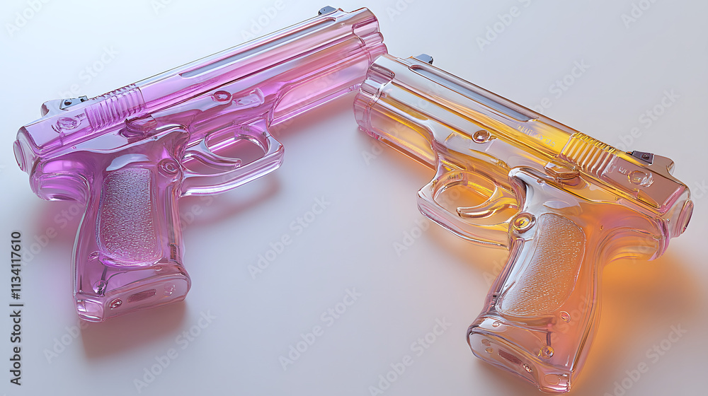 Two plastic water guns in transparent and translucent designs, showcasing vibrant colors and playful details, perfect for summer fun and outdoor activities, adding excitement to water fights and games Two plastic water guns in transparent and translucent designs, showcasing vibrant colors and playful details, perfect for summer fun and outdoor activities, adding excitement to water fights and games