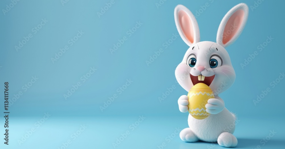 3D cartoon white rabbit holding an easter egg isolated on a blue background