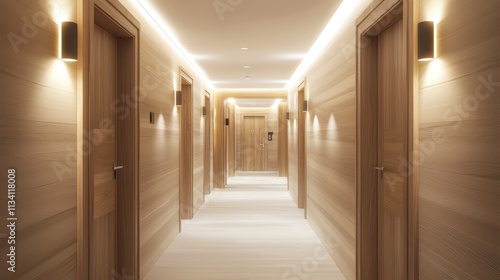 Light-filled hotel hallway with warm wood doors, a white ceiling, and gentle lighting.