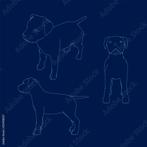 Dog contour Set. Blue outline cute dog set illustration vector photo