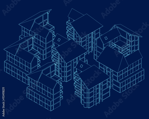 Collection of isometric outline of a variety of private and commercial buildings like detached house, office building, factory, tenement. Architecture and real estate concept vector illustration