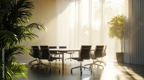Modern conference room with sleek chairs and soft sunlight  perfect for meetings. A touch of green adds freshness to the space.