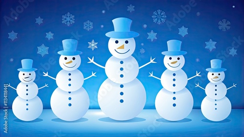 Festive six snowman silhouettes against a blue winter backdrop; perfect PNG clipart for holiday designs. photo