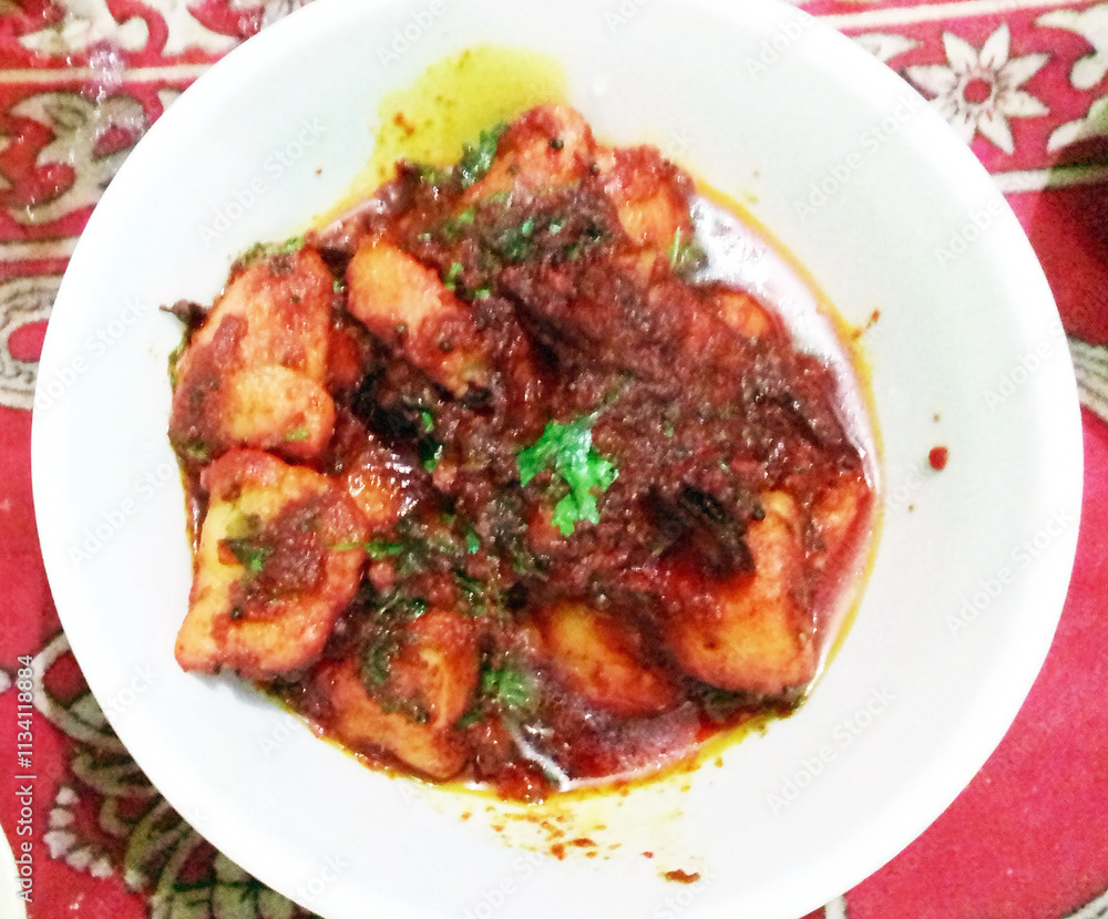 Spicy, vibrant curry features chunks of potatoes coated in a rich, red tomato-based sauce. Fresh cilantro garnish adds a pop of green, enhancing the dish’s visual appeal. Spicy, vibrant curry features chunks of potatoes coated in a rich, red tomato-based sauce. Fresh cilantro garnish adds a pop of green, enhancing the dish’s visual appeal.
