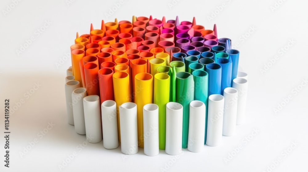 Colorful cylindrical shapes arranged in a circular pattern, showcasing a spectrum of colors. Colorful cylindrical shapes arranged in a circular pattern, showcasing a spectrum of colors.