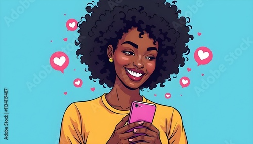 Wallpaper Mural A Black woman with curly hair and a bright smile looking at her phone, surrounded by floating likes Torontodigital.ca