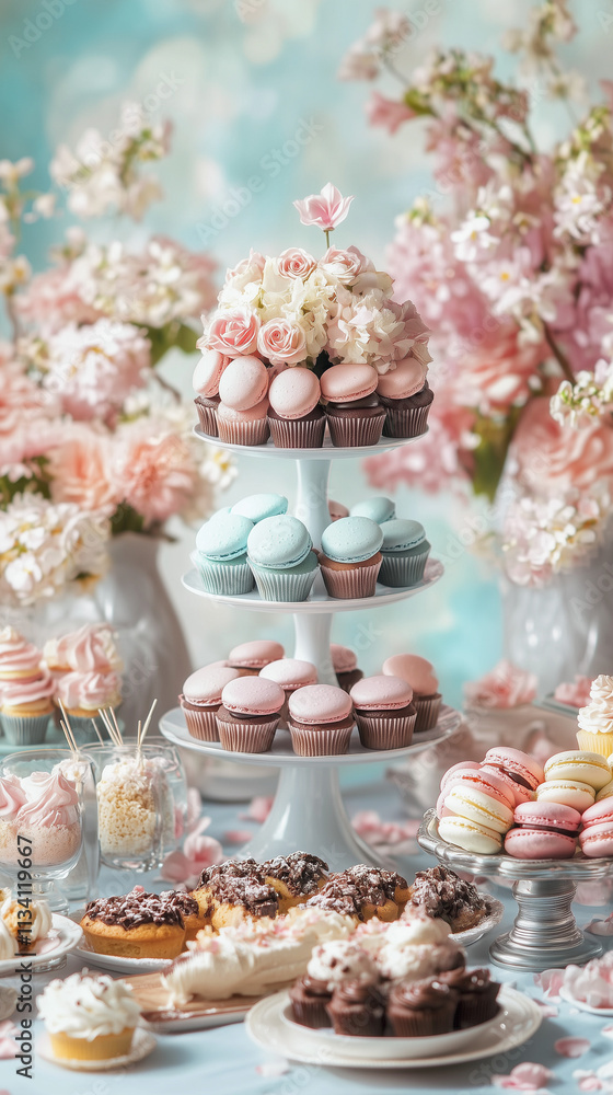 Pink dessert table with macarons, cupcakes, and chocolate fondue fountain Pink dessert table with macarons, cupcakes, and chocolate fondue fountain