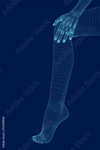 Wireframe Female hand and leg. Logotype for fashion salon. Vector illustration. Blue background