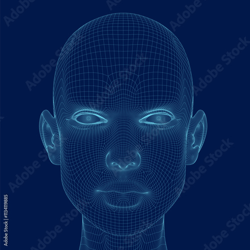 Wireframe Front face of woman without hair. Beauty, fashion, makeup, skincare concept. Vector illustration in line drawing, isolated on blue background. 3D.