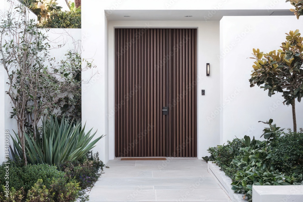 Wooden door with vertical grooves, paired with clean white walls and a minimalist garden. Wooden door with vertical grooves, paired with clean white walls and a minimalist garden.